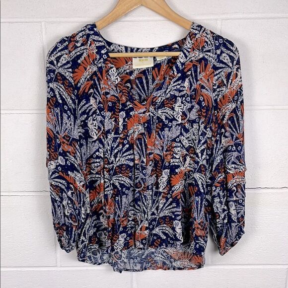 Anthropologie Maeve Cathy pleated v-neck jungle bird print blouse - Picture 1 of 7